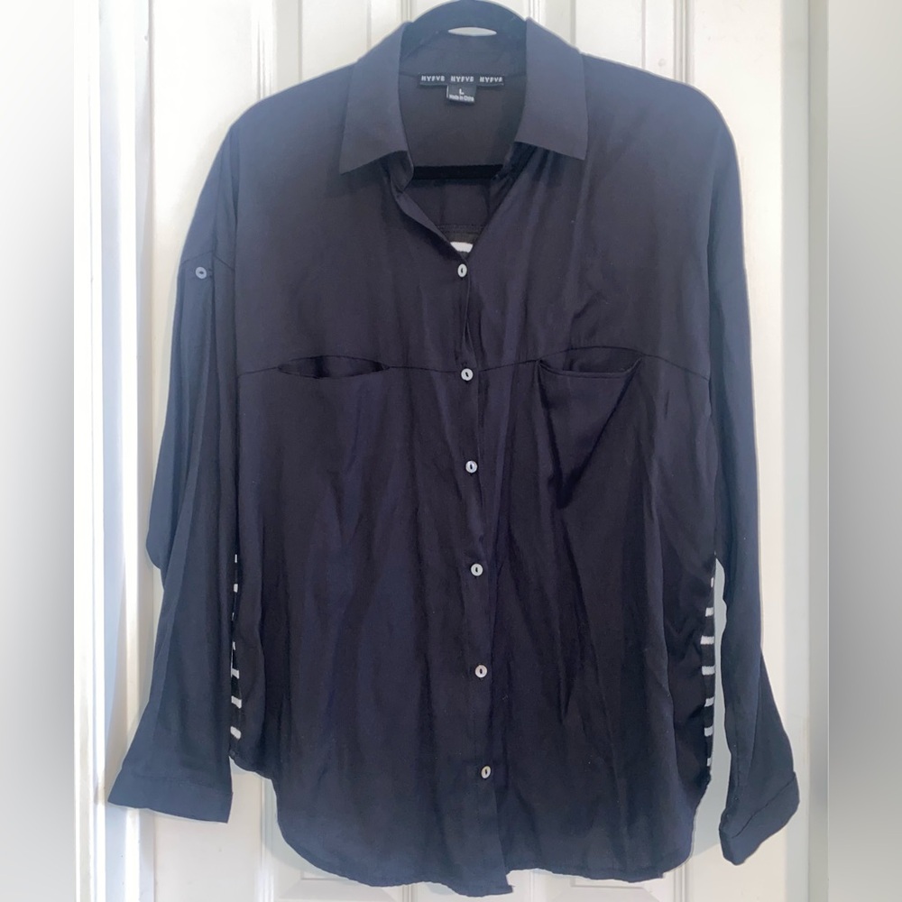 HYFVE Black Button-Up Blouse‎ with Striped Back